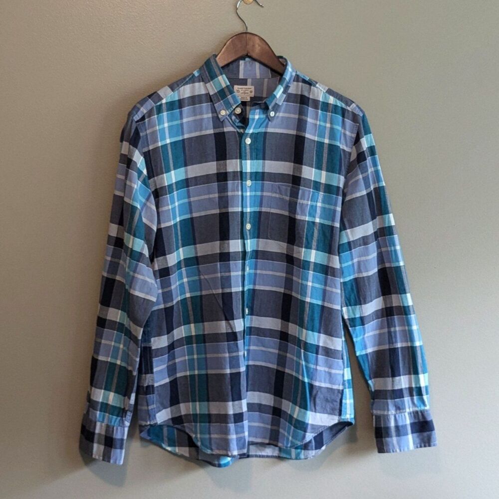 J. Crew Mens Medium M Lightweight Blue Green Plaid Long Sleeve Button Down Shirt